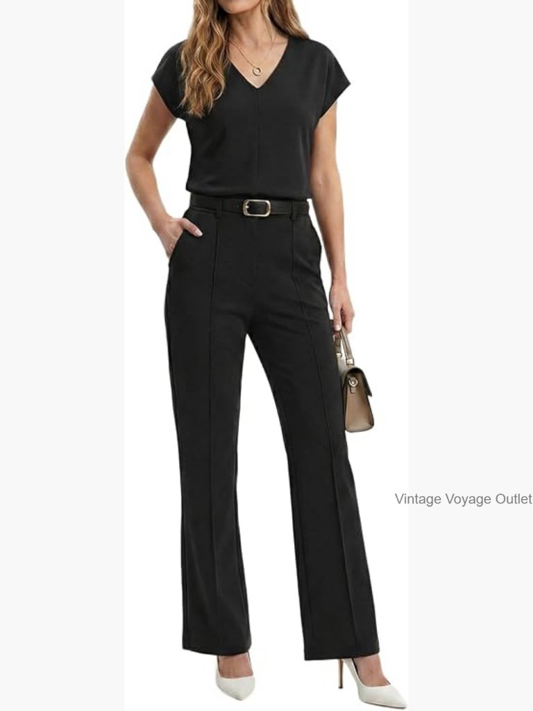 Women's Casual 2-Piece Set V-Neck Top Slim Fit Pants Pockets